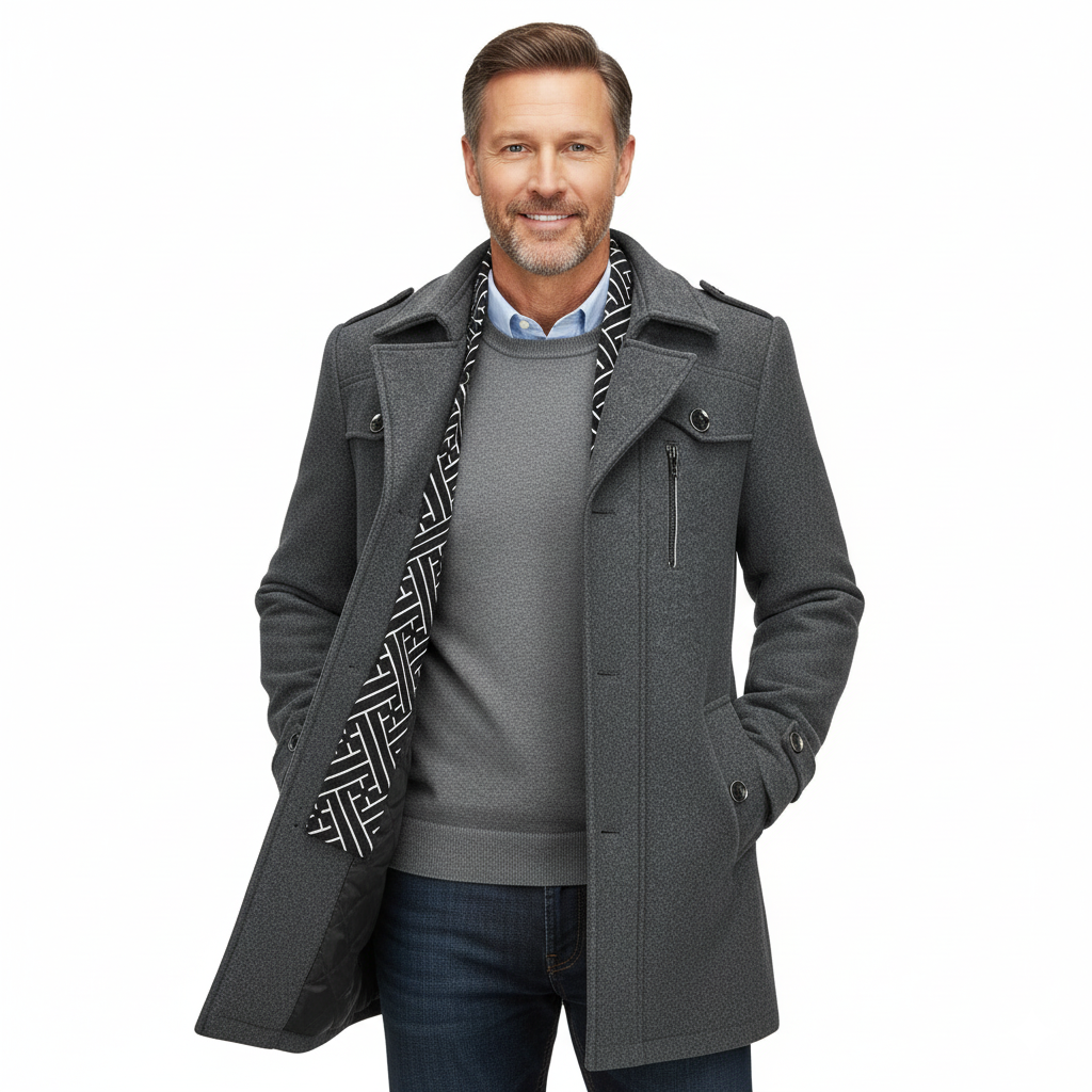 Men's Winter Warm Thick Wool Blend Coat with Removable Scarf
