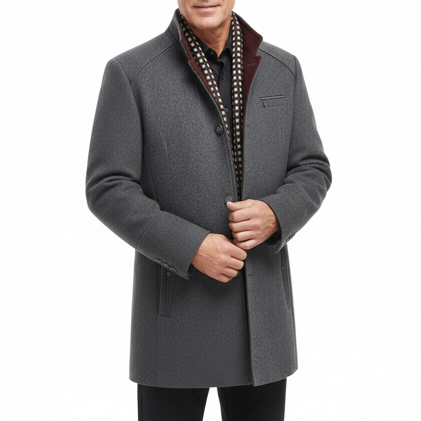Men's Classic Thick Wool Blend Coat With Detachable Scarf
