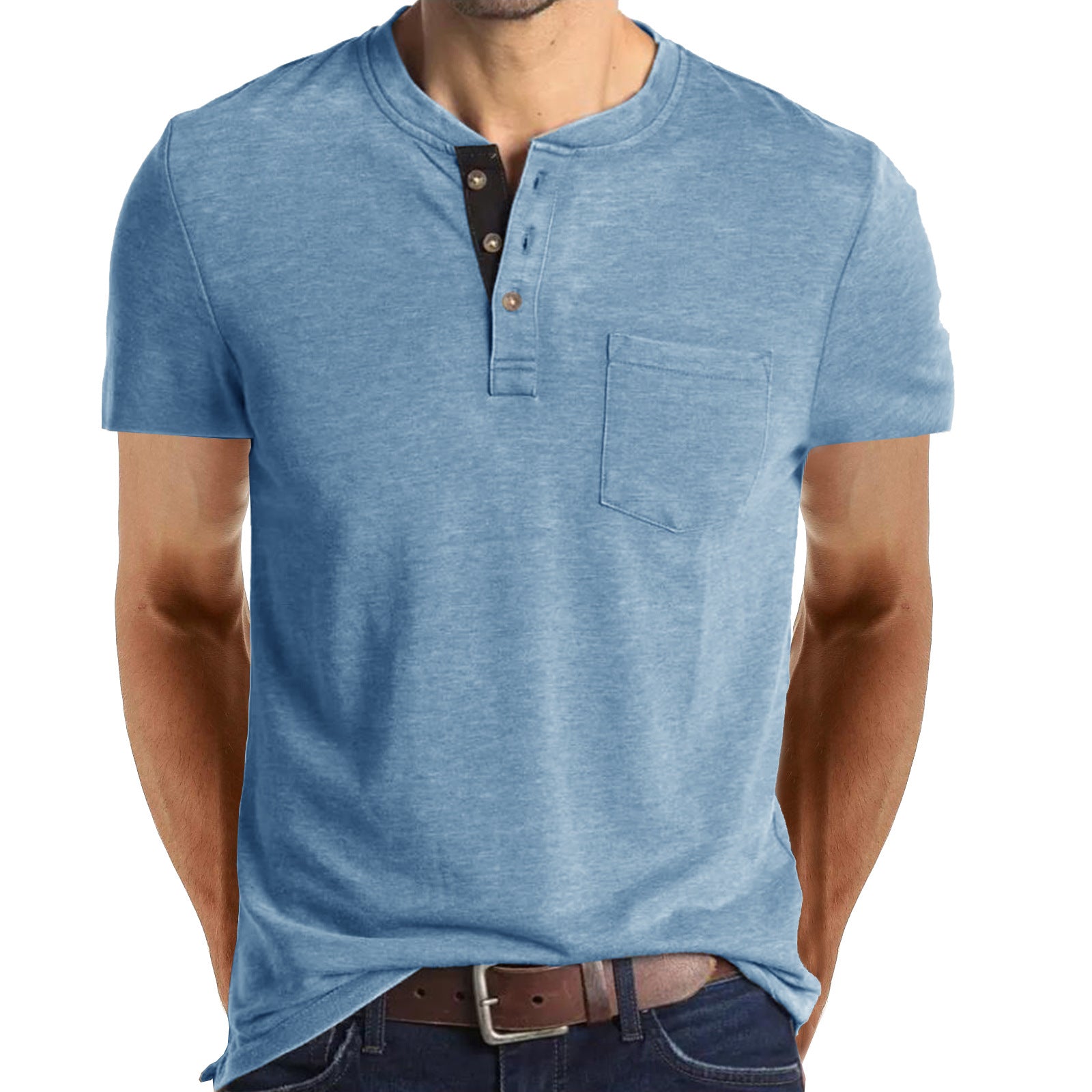 Men's Henley Button Cotton T-shirts With Pocket