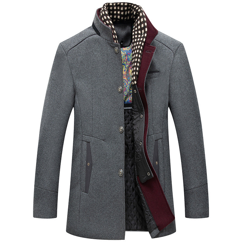 Men's Business Stand Collar Detachable Scarf Wool Coat
