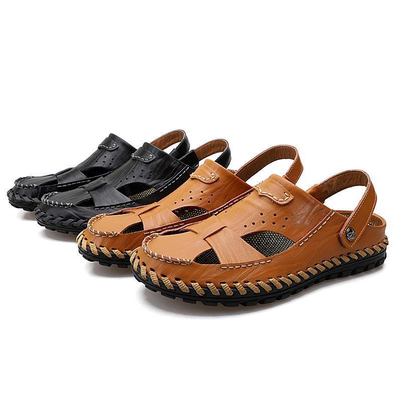 Pearlyo_Men's Closed Toe Outdoor Beach Leather Sandals 