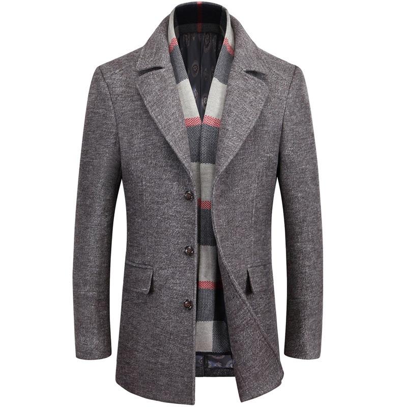 Classic Business Wool Pea Coat With Scarf