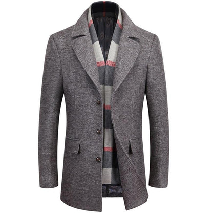 Classic Business Wool Pea Coat With Scarf
